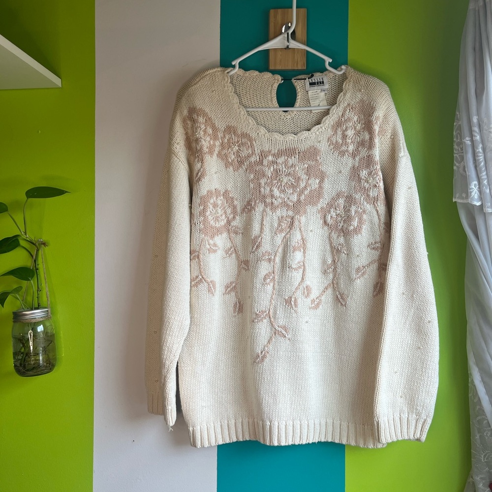 Floral Knit Vintage Sweater with Pearl accents